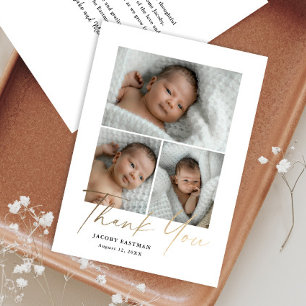 Petite Minimal Script 3 Photo Baby Thank You Card
