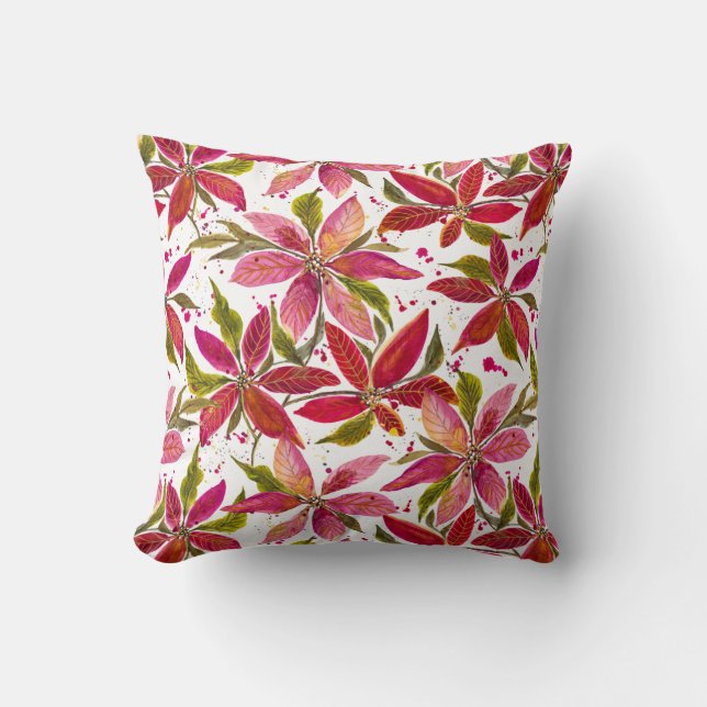 Petite Poinsettia Watercolor Holiday Floral Cushion (Front)