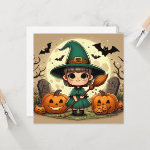 Petite sorcière kawaii avec citrouilles d'Hallowee Invitation