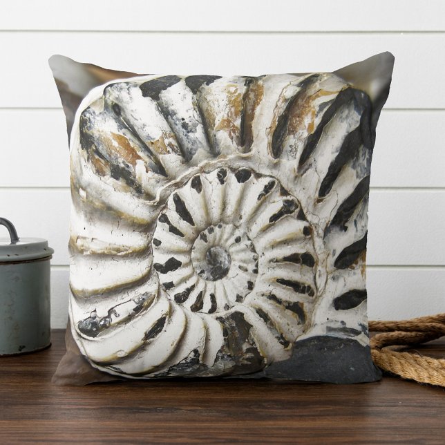 Petrified Nautical Fossil Spiral Cushion (Pillow showing a spiral petrified nautilus fossil. Beautiful for a beach house or coastal residence)
