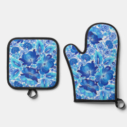Petrikivka Ukrainian traditional folk art.  Oven Mitt & Pot Holder Set