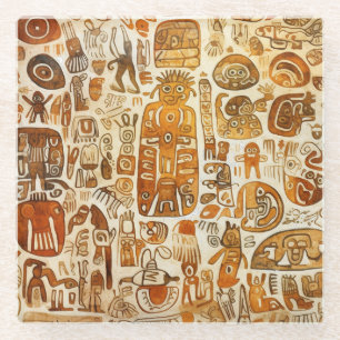 Petroglyphs in brown and orange watercolors glass coaster