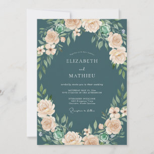 Petrol Champagne Petal Wedding Invitation