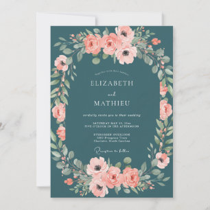 Petrol Coral Blossom Wedding Invitation
