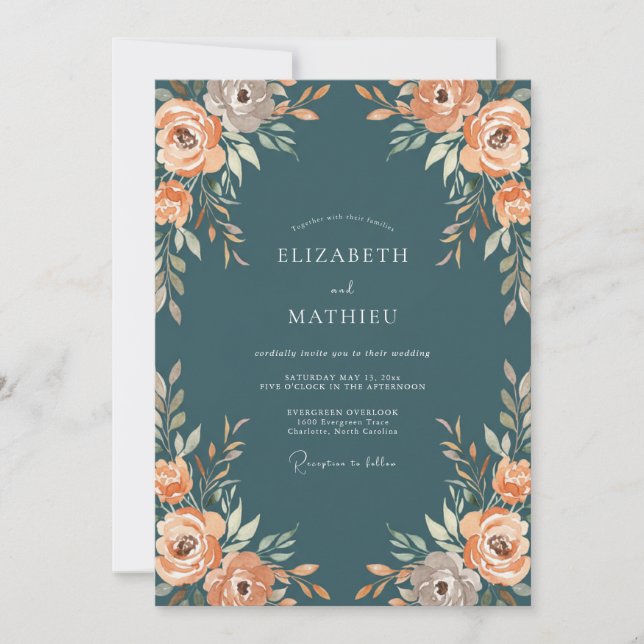 Petrol Coral Painted Wedding Invitation (Front)