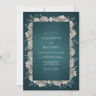 Petrol Cream Blossom Wedding Invitation
