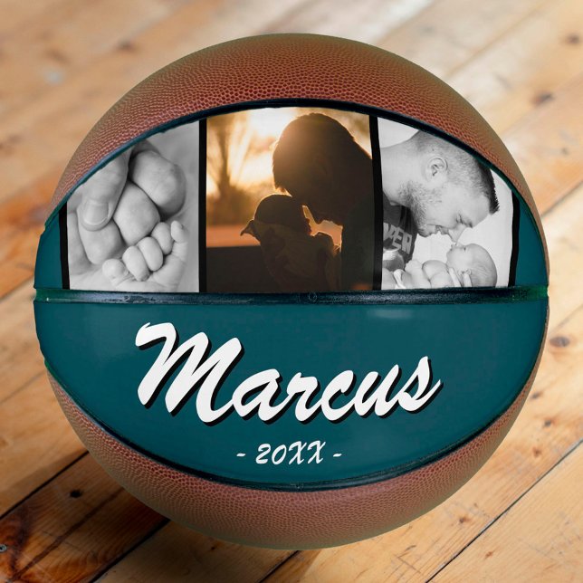 Petrol Green Dad Name Keepsake 3 Photo Collage Basketball (Creator Uploaded)