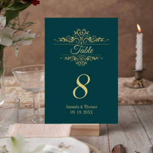 Petrol green elegant golden frame wedding table  table number