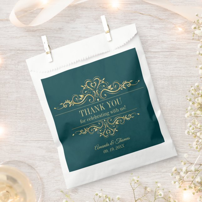 Petrol green golden frame wedding favour bag (Clipped)