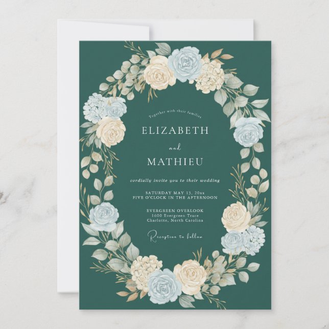 Petrol Ivory Wreath Wedding Invitation (Front)