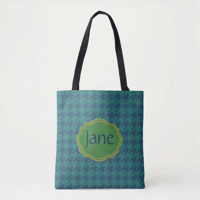 Petrol Leaf Houndstooth Personalised Tote Bag (Front)