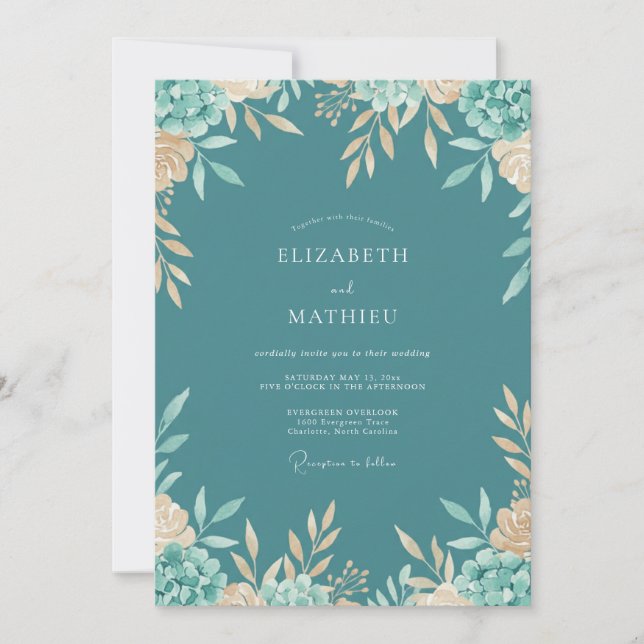 Petrol Mint Succulent Eucalyptus Wedding Invitation (Front)
