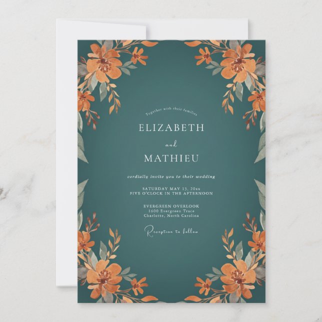 Petrol Orange Wildflower Wedding Invitation (Front)