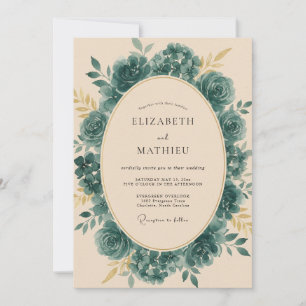 Petrol Peony Wreath Wedding Invitation