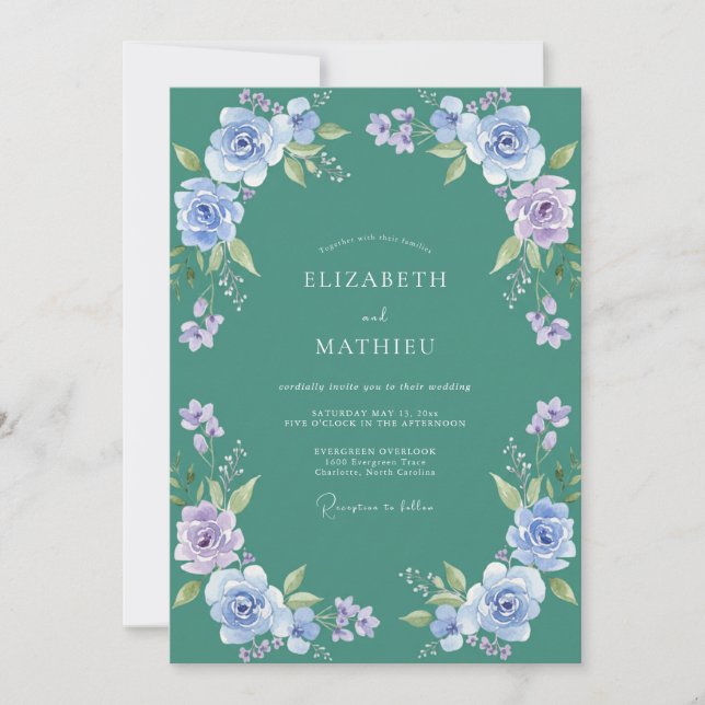Petrol Periwinkle Petal Wedding Invitation (Front)