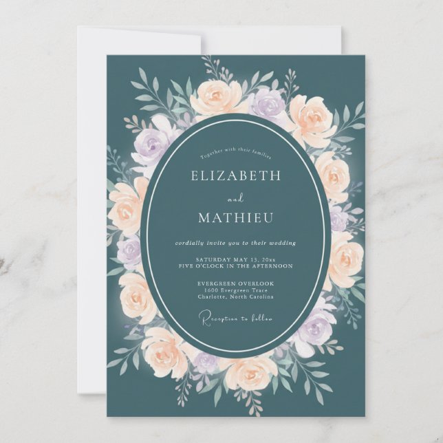 Petrol Soft Peach Petal Wedding Invitation (Front)