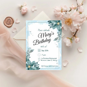 Petrol Watercolour Florals Birthday Invitation