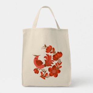 Petrykivka Inspired Red Bird & Floral Folk Art Tote Bag
