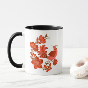 Petrykivka Inspired Red Folk Art Bird & Floral Mug