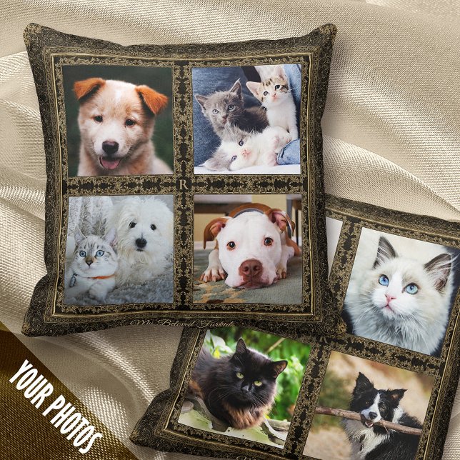 Pets 4+4 Photo Collage & Monogram, Vintage - Cushion (Creator Uploaded)