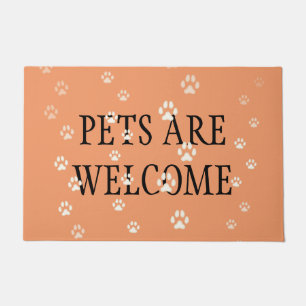 "Pets Are Welcome" Cats & Dogs Pawprints Orange Doormat
