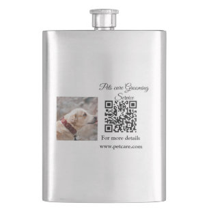 Pets care grooming service Q R code add name text Hip Flask
