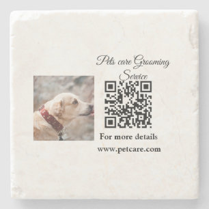Pets care grooming service Q R code add name text Stone Coaster