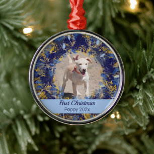Pets First Christmas Blue Wreath Metal Ornament