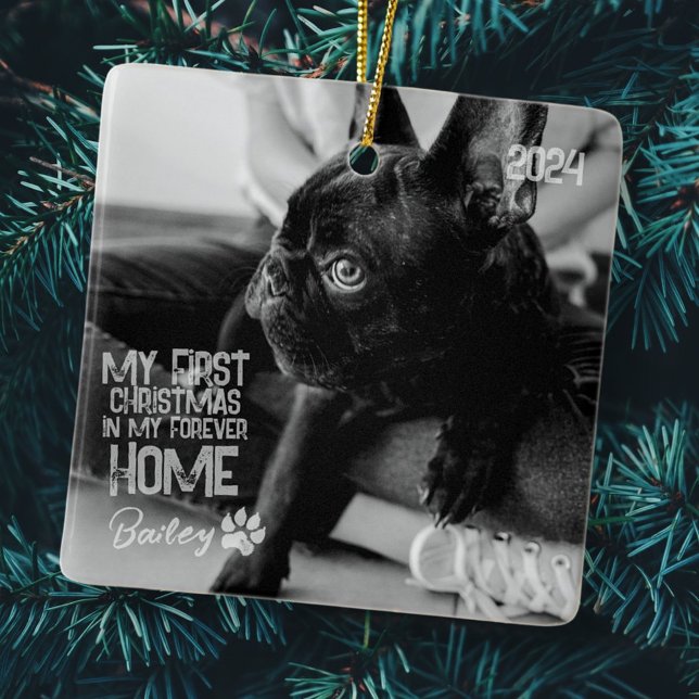 Pet's First Christmas Forever Home Modern Grunge Ceramic Ornament (Creator Uploaded)