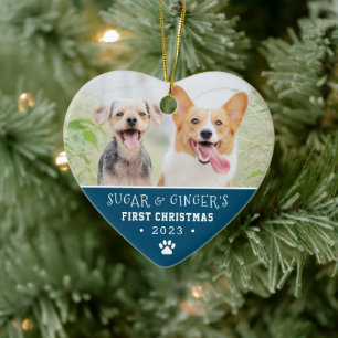 Pet's First Christmas Paw Print Blue Photo Ceramic Ornament
