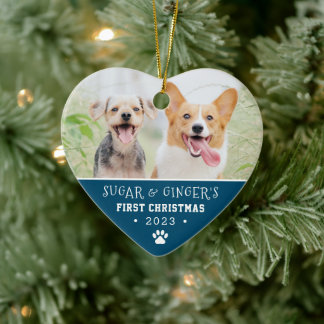  Pet's First Christmas Paw Print Blue Photo Ceramic Ornament
