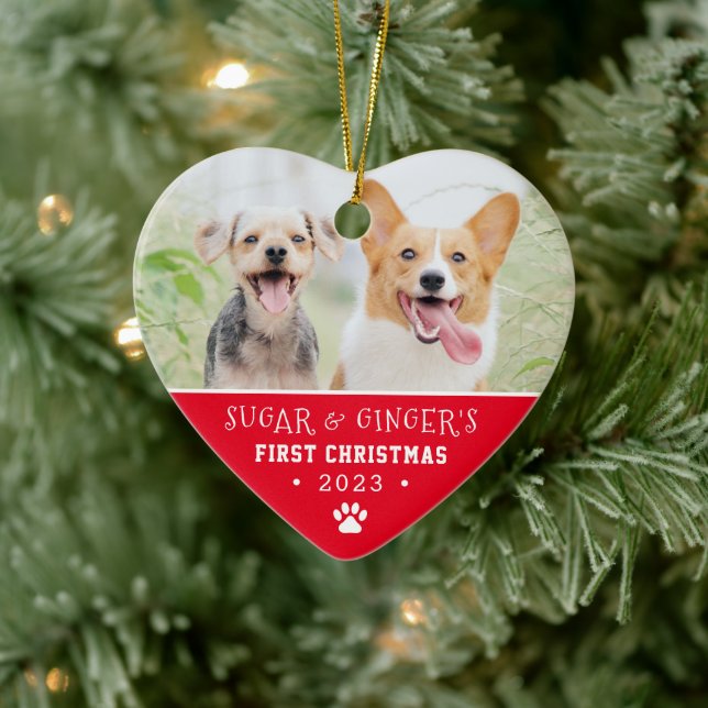  Pet's First Christmas Paw Print Bright Red Photo Ceramic Ornament (Tree)