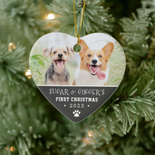 Pet's First Christmas Paw Print Charcoal Photo Ceramic Ornament