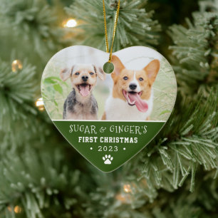 Pet's First Christmas Paw Print Green Photo Ceramic Ornament
