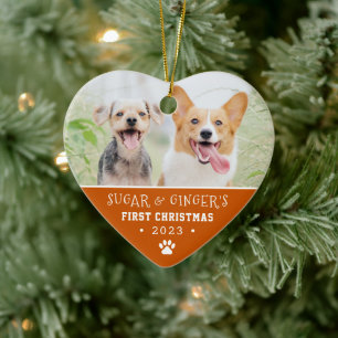 Pet's First Christmas Paw Print Orange Photo Ceramic Ornament