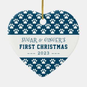 Pet's First Christmas Paws Blue Full Photo Ceramic Ornament