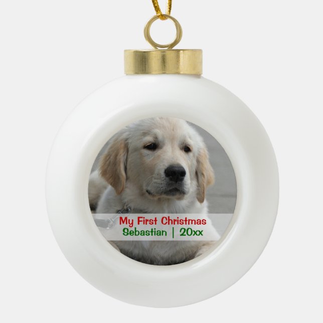 Pet's First Christmas Personalised Photo Template Ceramic Ball Christmas Ornament (Front)