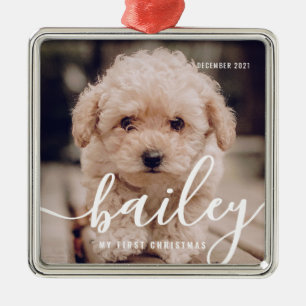 Pet's First Christmas Simple Modern Photo Year Metal Ornament