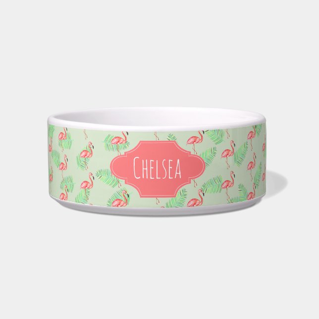 Pet's Girly Tropical Watercolor Flamingo Pattern Bowl (Front)