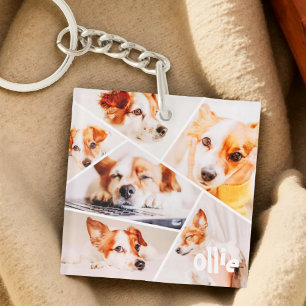 Pets Modern Simple Custom 6 Images Collage Photo Key Ring