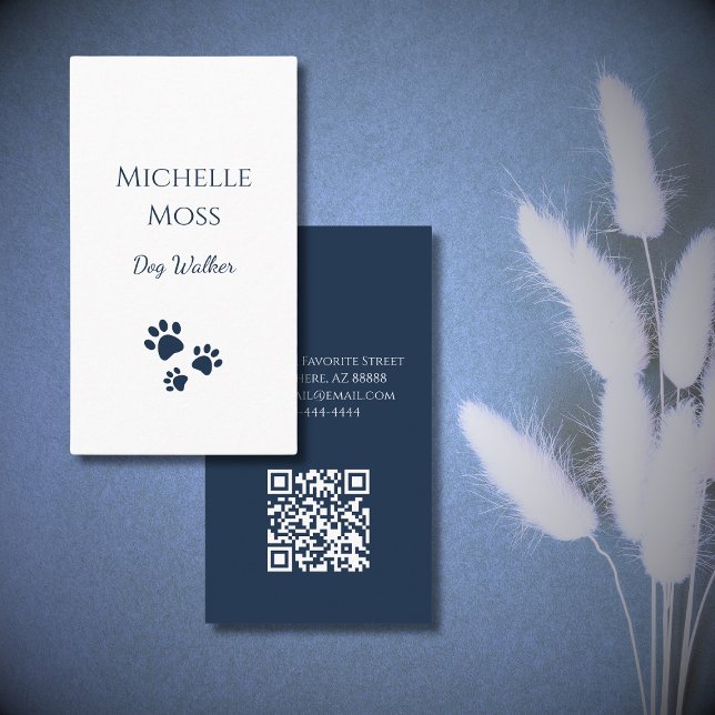 Pets Navy Blue Paw Prints QR code Dog Walker  Business Card (Creator Uploaded)