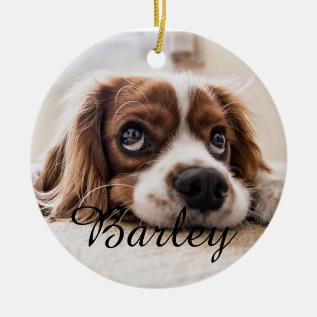 Pet's Simple Elegant Dog Name and Photo Christmas Ceramic Ornament (Front)