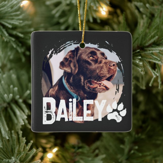 Pet's Simple Modern Cool Grunge Name and Photo Ceramic Ornament (Tree)