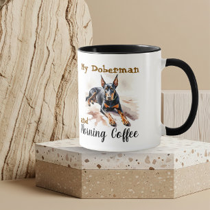 Pets Watercolor Blacks/Brown Doberman Personalize Mug