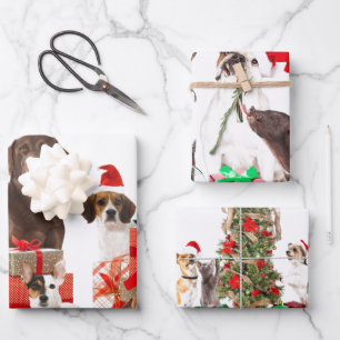 Pets with Santa Hats Wrapping Paper Flat Sheets