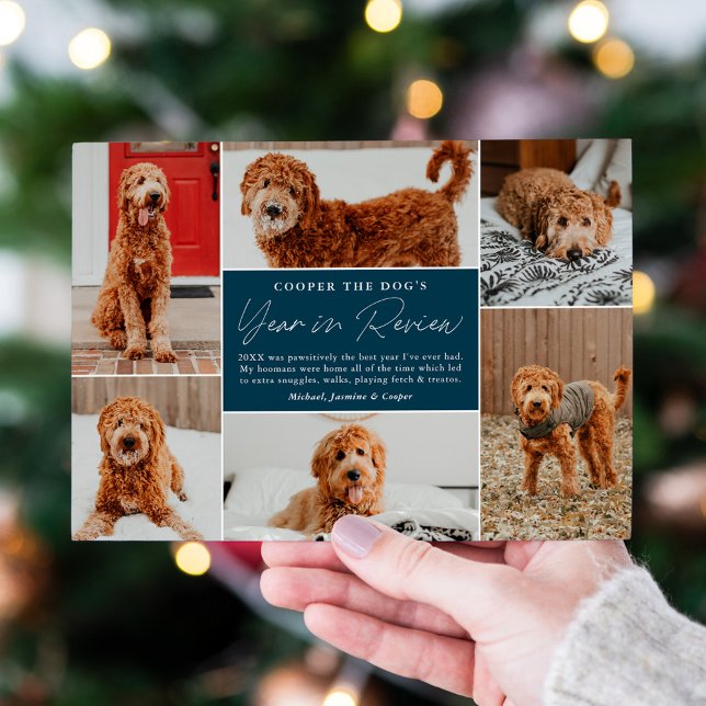 Pet's Year In Review Navy Photo Collage Holiday Card (Creator Uploaded)