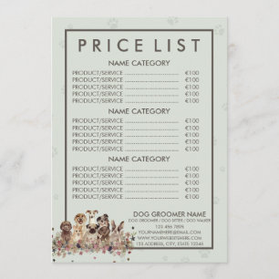 PetSitter dog sitting flower veterinary Price List Menu