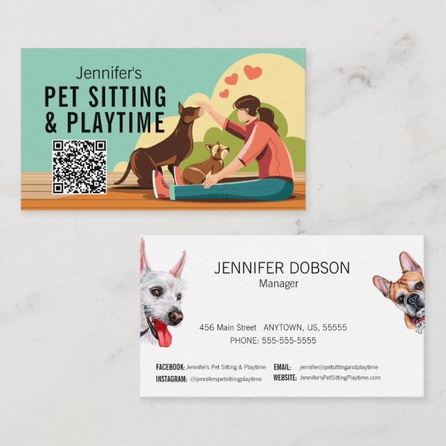 Petsitting & Playtime with QR code Dog Business Card (Front/Back)
