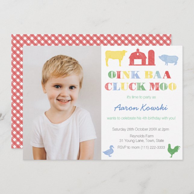Petting Zoo Birthday Party For Boy, Farm Animals Invitation (Front/Back)