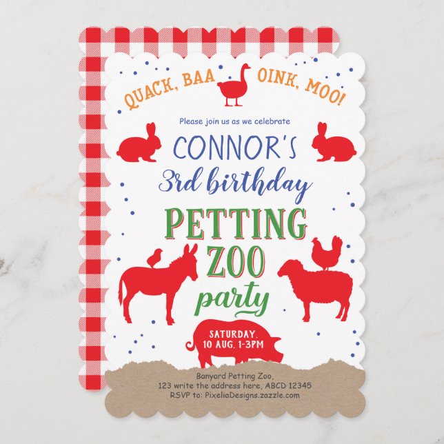 Petting zoo, Boy, Banyard Farm Animal Birthday Invitation (Front/Back)
